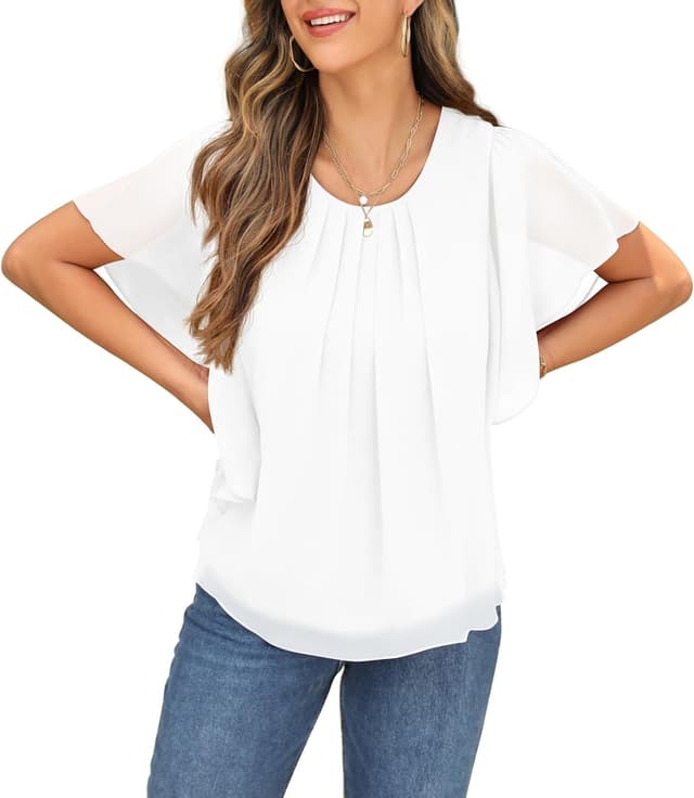 Detalle 2 de QIXING Chiffon Kurzarmbluse Damen mit Fledermausärmel – Sommor Top im Rundhals-Design