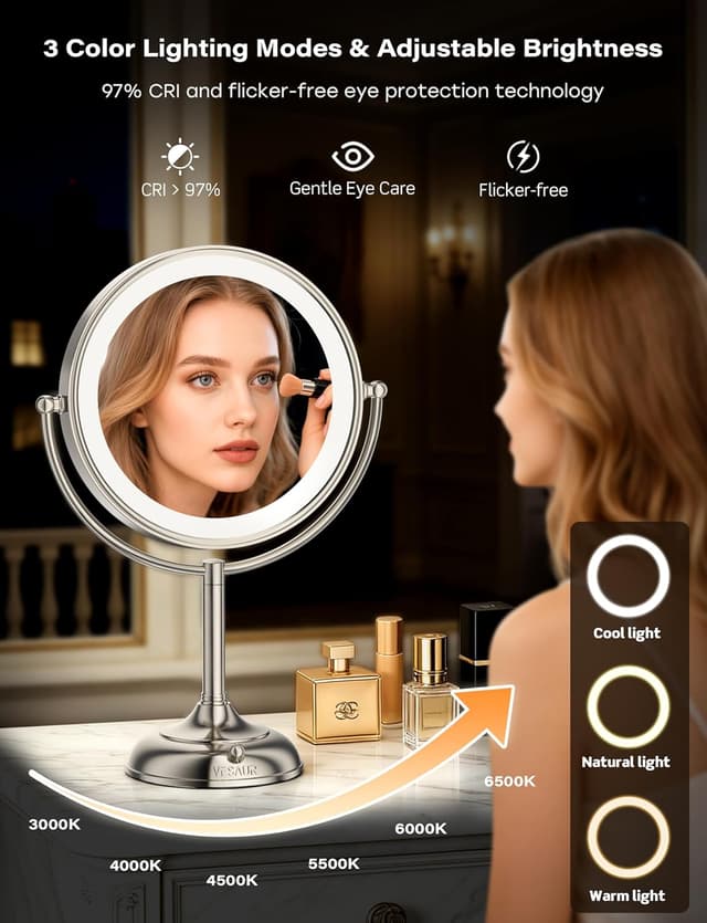 Detalle de VESAUR 2026 Upgraded Lighted Makeup Mirror (9") with 1X/10X/20X Magnification, 3 Light Modes