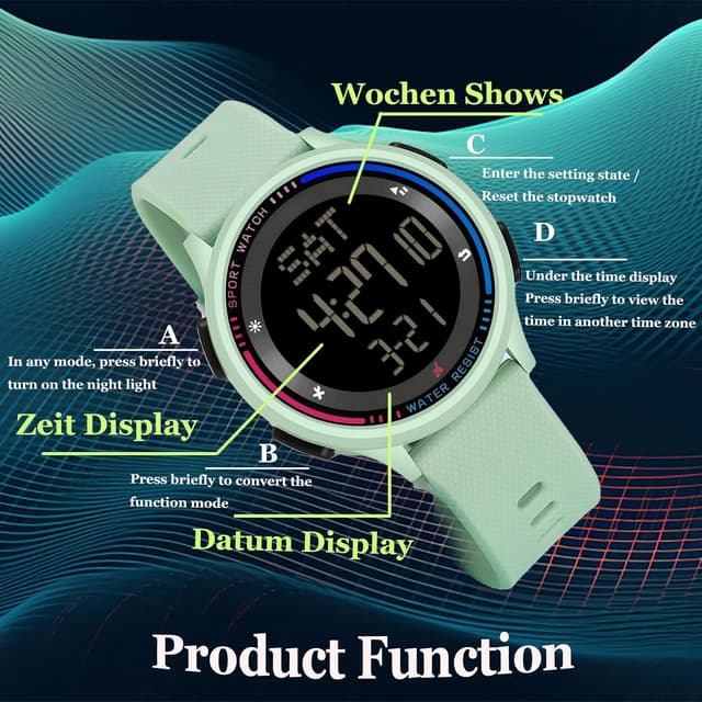 Thumbnail 6 de findtime Digital Damenuhr mit 5ATM, Dualzeit & Countdown – Sportuhr für Frauen (rosa)