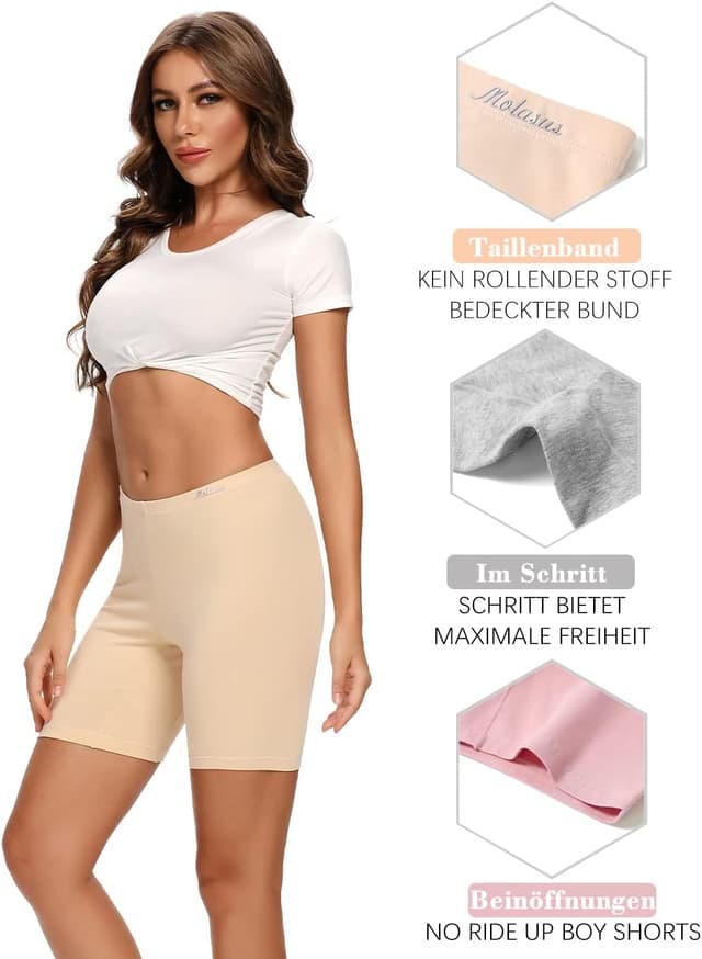 Detalle de Molasus Women’s Cotton Boxer Shorts (8” Inseam) Anti-Chafing Bike Shorts — Regular & Plus Size