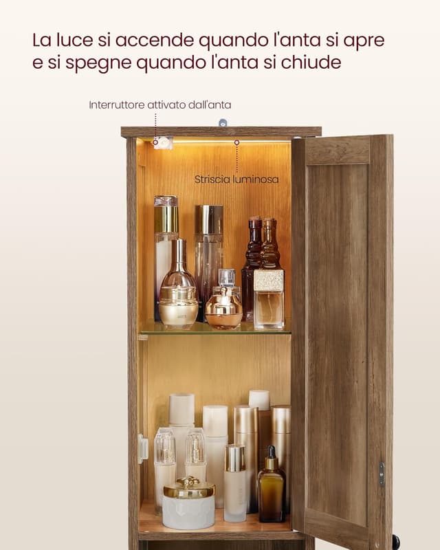 Detalle de VASAGLE BBK566KB01 mobile da bagno salvaspazio con luce attivata dalla porta, 30 cm