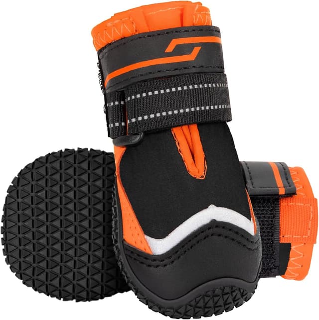 Detalle de Eyein Hundeschuhe Pfotenschutz (2 Stück) wasserabweisend, rutschfeste Sohle, reflektierender Klettverschluss – Größe 4, Orange