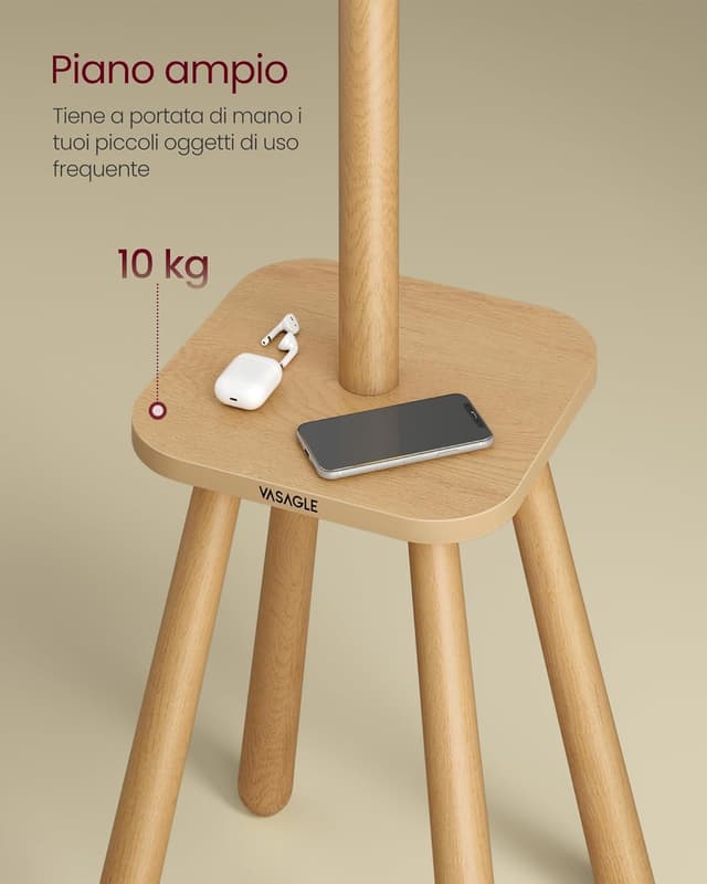 Detalle de VASAGLE Attaccapanni da Terra RCR033N01 beige naturale con 8 ganci e piano portaoggetti (170,5 cm)