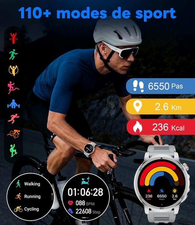 Thumbnail 6 de LIGE Montre connectée homme 1,85" HD (1000 mAh) avec lampe LED, 100+ sports et suivi fréquence cardiaque/sommeil