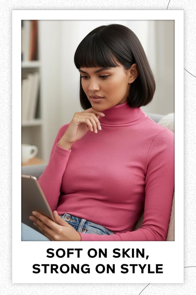 Detalle de Re Tech UK women’s ribbed cotton polo neck jumper tunic top (long sleeve, turtle roll neck)