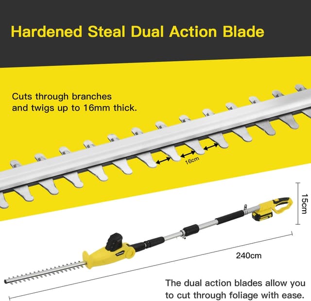 Detalle 2 de PHIWOS Cordless Pole Hedge Trimmer with 2.0Ah Battery & Charger – Telescopic reach and dual action blades