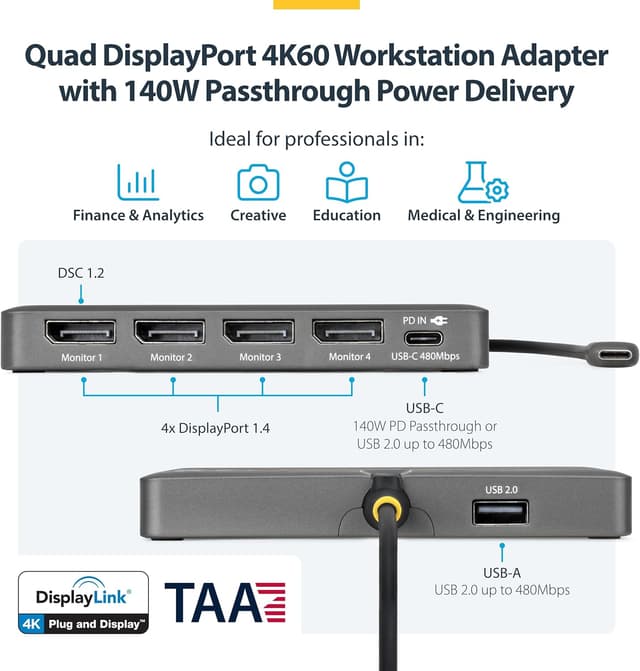 Detalle 2 de StarTech.com Quad USB-C to DisplayPort workstation dock (4K60/4K120, 140W PD passthrough) – QUAD-USB-DP-ADAPT