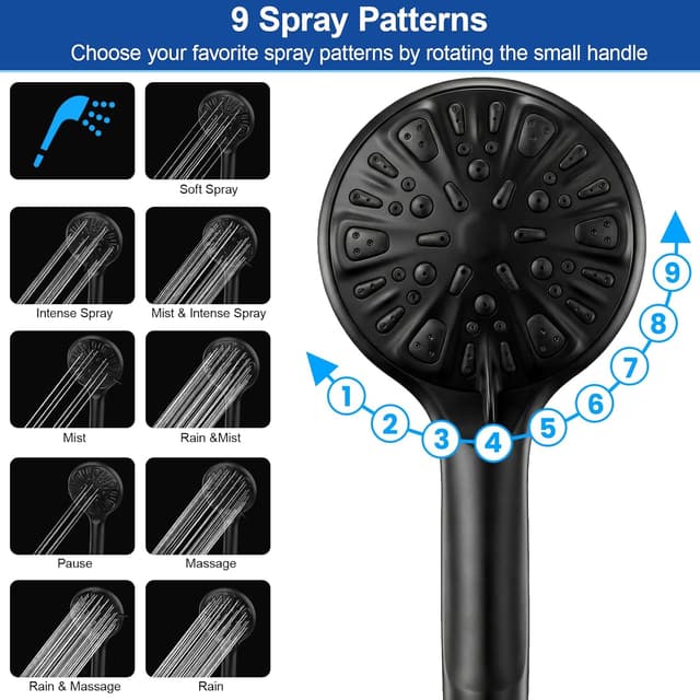 Detalle de Tudoccy SHP-HS Shower Head Combo (8" Rainfall + Handheld) in Matte Black with 11" Extension Arm