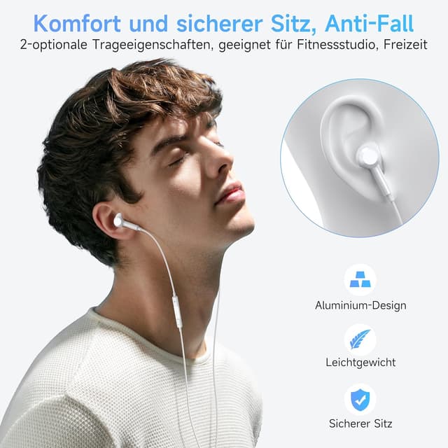 Detalle 2 de suohong iPhone 17 Air USB‑C Kopfhörer mit Kabel (MFi-zertifiziert) – In‑Ear mit Mikrofon und Lautstärkeregler