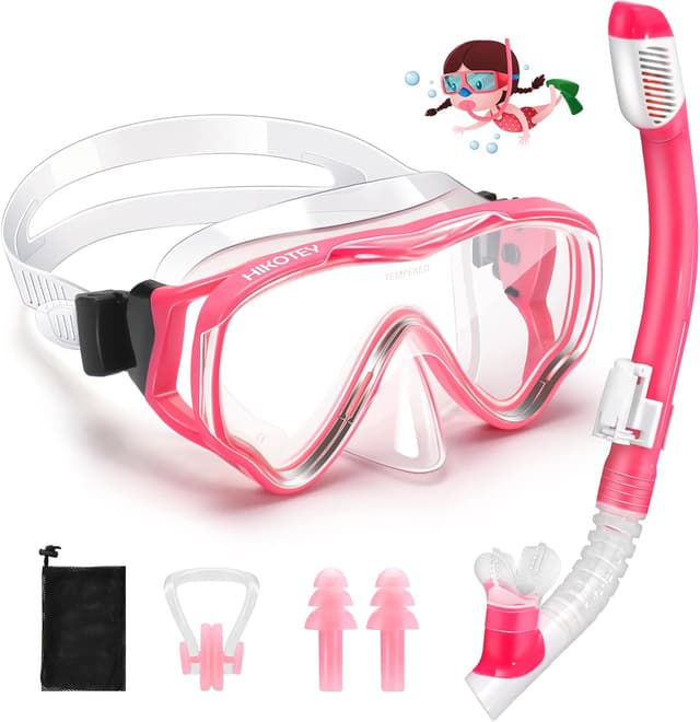 Detalle de HIKOTEY Kinder-Schnorchelset mit Panorama-Tauchmaske – trockenes Schnorchelset inkl. Anti-Fog und Ohrstöpsel