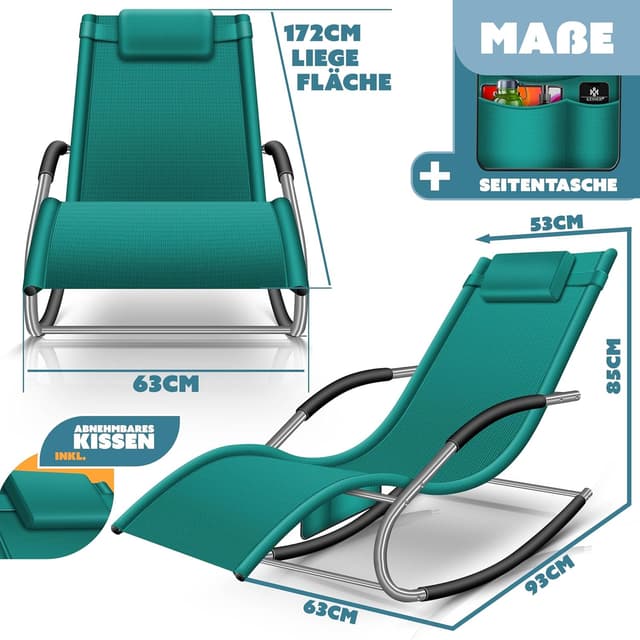 Detalle de KESSER® Sonnenliege Relaxliege Schwungliege – ergonomischer Schaukelsessel für den Garten, Petrolgrün