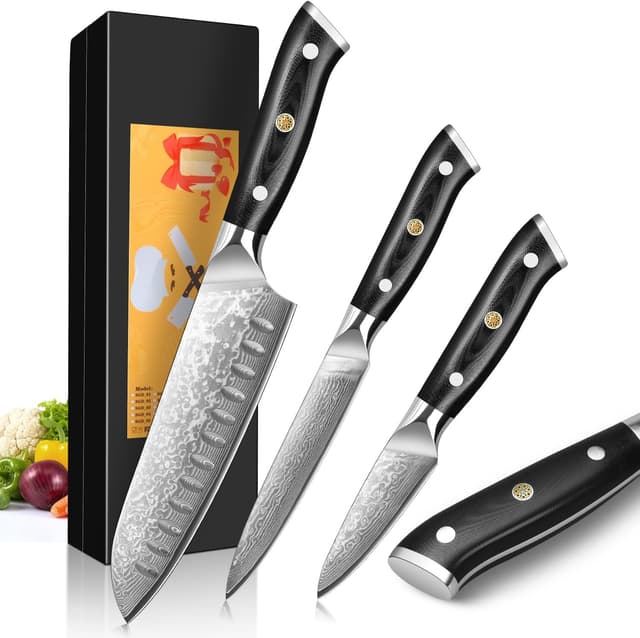 Detalle de Home Safety 3er Damastmesser-Set (Santoku, Allzweck- und Obstmesser) mit G10-Griffen