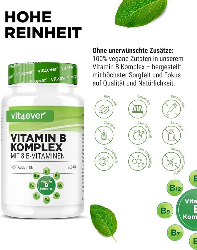 Detalle de vit4ever Vitamin B Komplex mit 365 Tabletten (12-Monatsvorrat) – alle 8 B-Vitamine in einer veganen Tablette