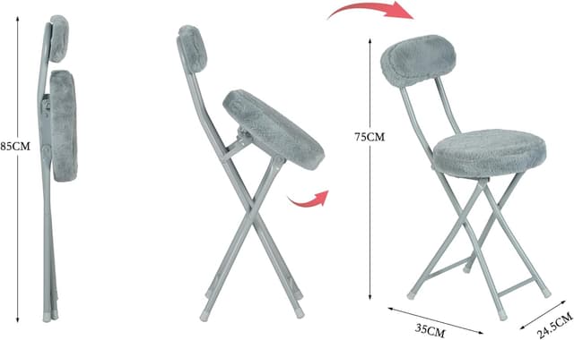 Detalle 2 de MEUBLE COSY set di 4 sedie pieghevoli imbottite in faux pelliccia grigio con schienale e poggiapiedi