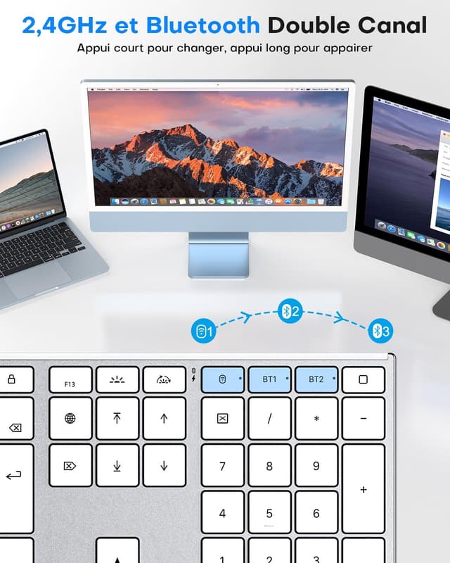 Detalle 2 de OMOTON Clavier sans fil aluminium pour Mac rétroéclairé AZERTY (2,4G & Bluetooth)