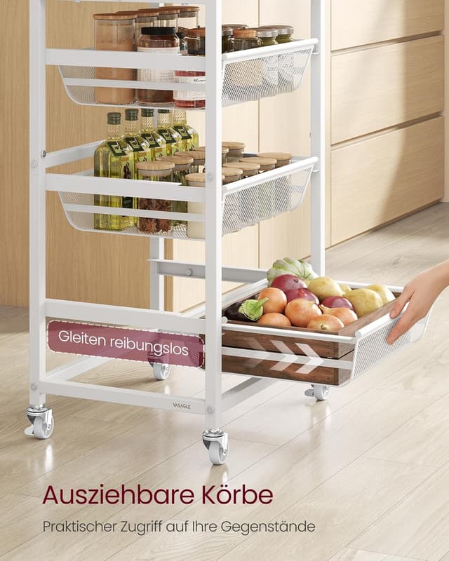 Detalle de VASAGLE Servierwagen LRC041YA01 mit 5 Ebenen: Rollwagen mit herausziehbaren Körben, goldeichenfarben-mattweiß