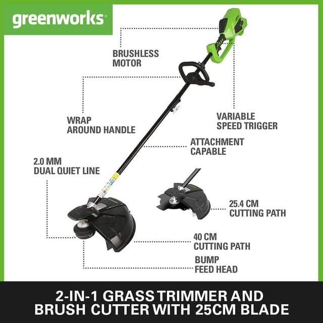 Detalle de Greenworks 40V Cordless Brushcutter Grass Strimmer (GD40BCK2X) – adjustable height, 40cm cut, bump feed