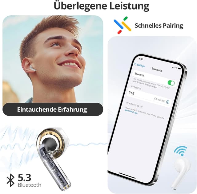 Detalle de Ciciloud Bluetooth 5.3 In-Ear Kopfhörer mit Hi‑Fi Stereoton, HD‑Mikro und 46 Stunden Laufzeit