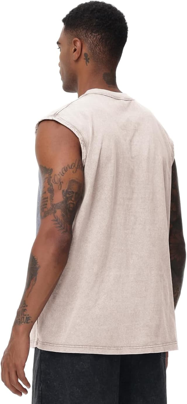 Detalle de SnowElve Men’s Acid Wash Vintage Cotton Workout Tank Top (Sleeveless Muscle Tee)