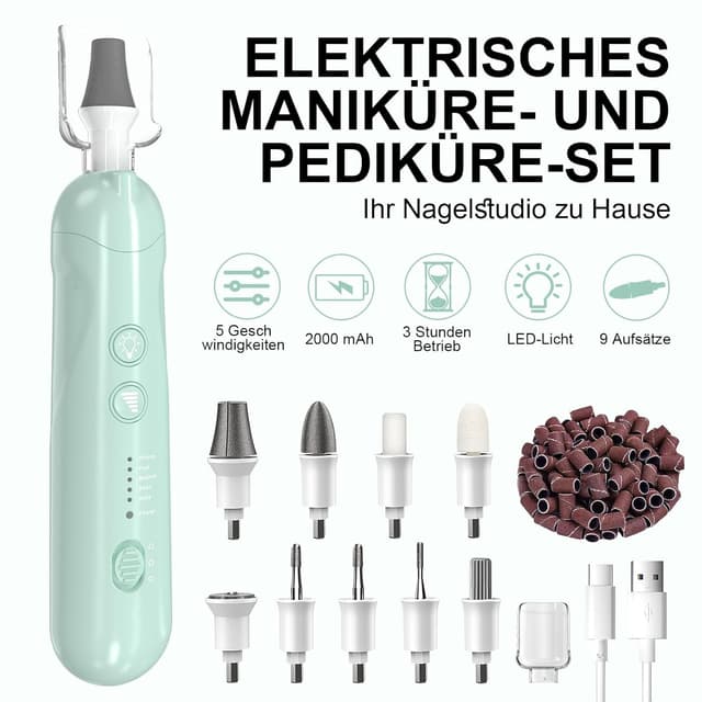 Detalle de AOMEES Elektrische Nagelfräser Set für Maniküre & Pediküre mit 9 Aufsätzen, LED und 5 Geschwindigkeiten
