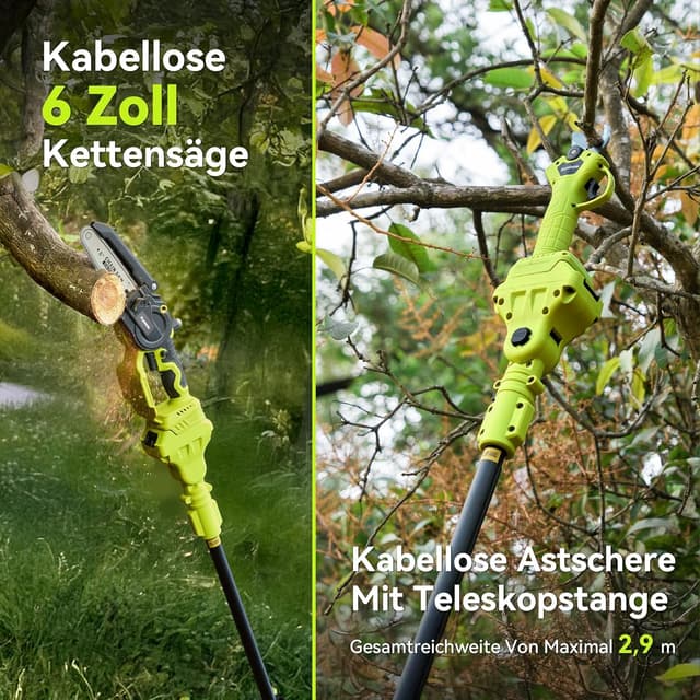 Detalle de Supstable Mini Kettensäge 6 Zoll mit Teleskopstange & 33-mm-Elektrische Astschere (8000 mAh, bis 4,8 m) inkl. automatischer Kettenspannung