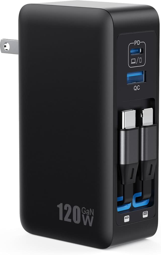 Detalle de 120W USB-C Charger Block with Retractable Cables (2 Built-In Reels), 4-in-1 GaN Fast Wall Plug, PD 65W Laptop Adapter