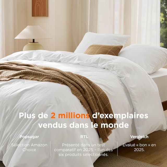 Detalle 2 de Bedsure Parure housse de couette 260x240 cm en microfibre polyester certifiée Oeko-TEX (blanc) + 2 taies 65x65 cm