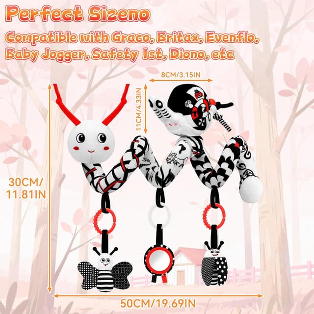 Thumbnail 6 de Spirale Autositz Baby Spielzeug 0–6 Monate – kontrastreiches Schwarz-Weiß-Aktivität-Set mit Handgelenk-Rassel