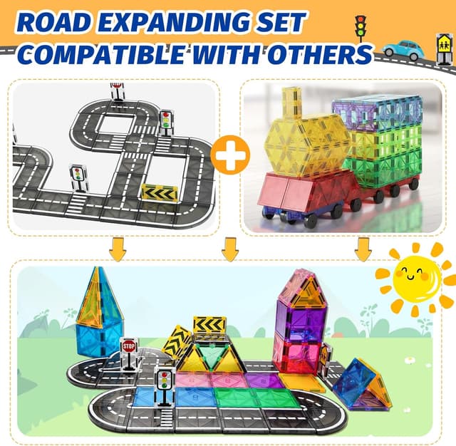 Thumbnail 6 de katietoy Magnetic Tiles Road Set for Kids (46 pcs) – magnetic road tiles and traffic signs for ages 3–8