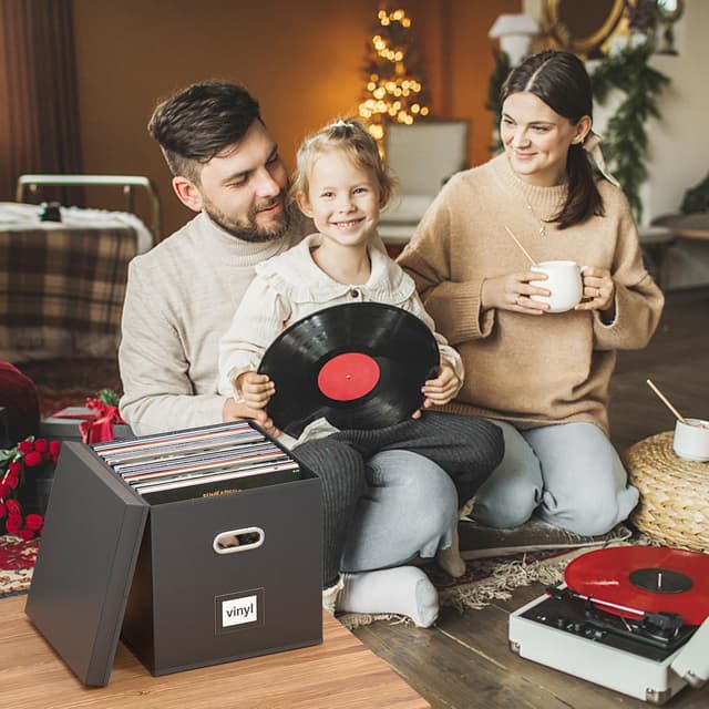 Detalle de Aolawco 2-pack 12-inch leather vinyl record storage boxes (with lid & handles) – holds 100+ singles