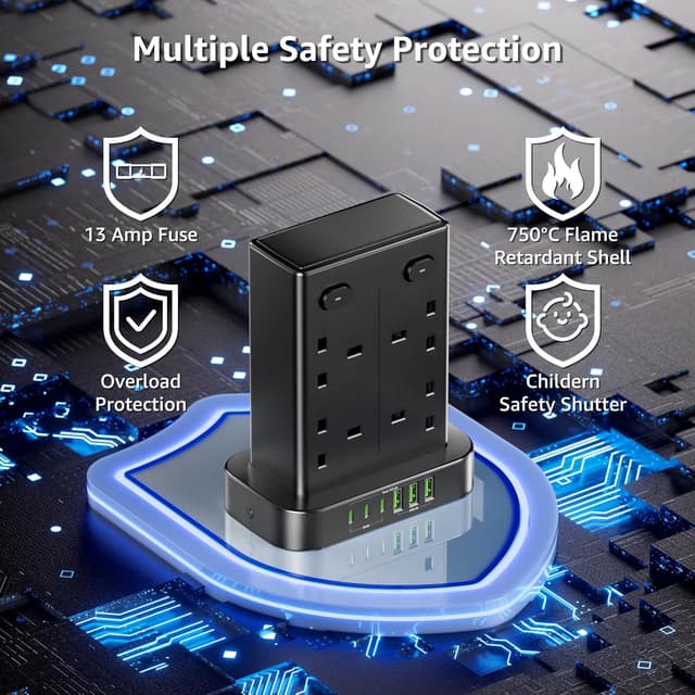 Detalle 2 de 3M Tower Extension lead with USB C slots: 8 AC outlets and 6 smart USB ports, 3m tower plug socket