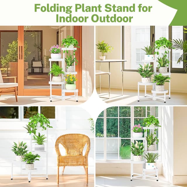 Detalle de iDavosic.ly Pflanzenständer Metall & Kunststoff mit 5 Ebenen (weiß) – Blumenregal für Balkon, Terrasse & Wohnzimmer