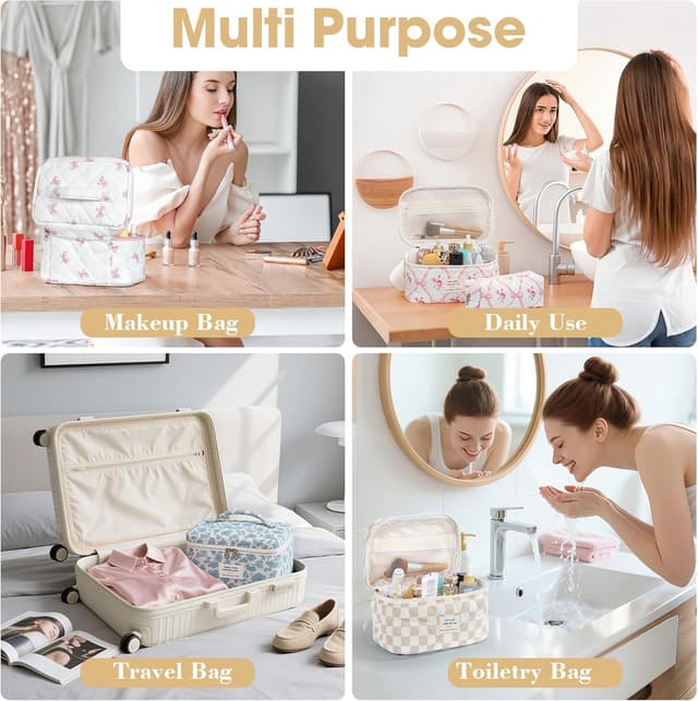 Detalle 2 de BuyCard Kosmetiktasche 3er-Set aus Cord (Khaki Check) – Kulturbeutel Damen für Reise & Alltag