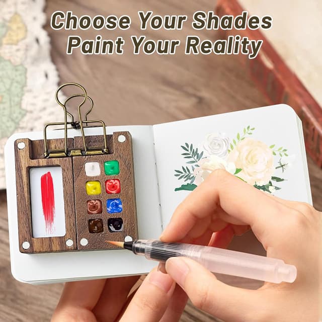 Detalle de 5 Pcs Portable Watercolor Palette (8 grids) travel watercolour set with foldable wooden lid and sketchbook