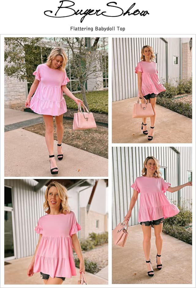 Detalle de Neineiwu Damen Rundhals-T-Shirt mit Rüschensaum, kurzarm Sommerbluse (S–XXL)