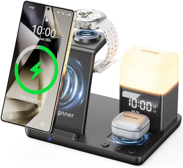 Detalle de Augnner 6-in-1 Upgraded Wireless Charging Station with Alarm Clock & 3-Colour Light (up to 15W) for Samsung devices