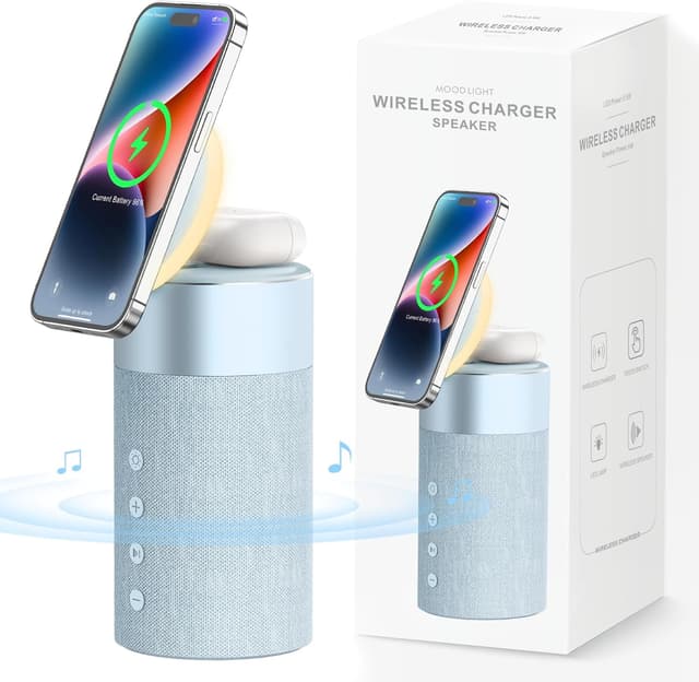 Detalle de COLSUR 2-in-1 Bluetooth Speaker with Wireless Charger and Night Light (for iPhone 16/15/14/13/12 & AirPods Pro/3/2)