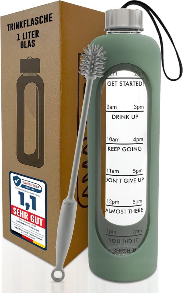 Detalle de Amalindo Trinkflasche Glas 1L (kohlensäuregeeignet) mit Bürste & Silikonhülle – Olivgrün