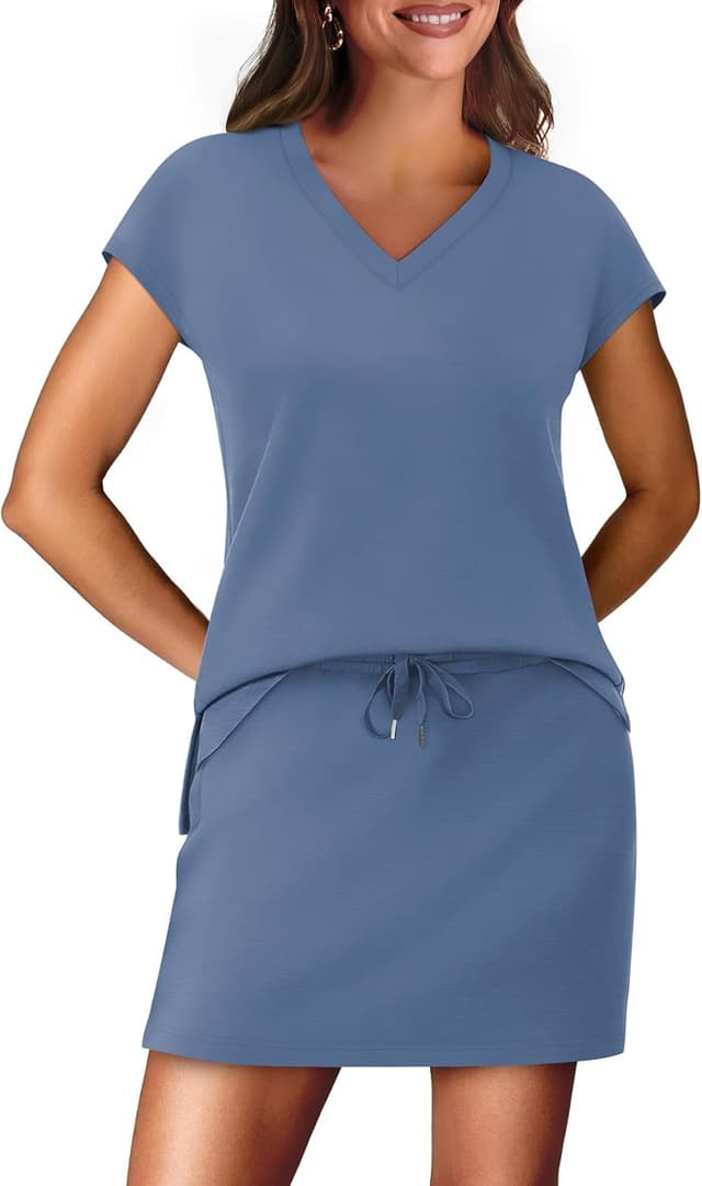 Detalle 2 de WIHOLL Two-Piece Skirt Set for Women: Cap Sleeve V-Neck Top & Tennis Skort with Built-In Shorts