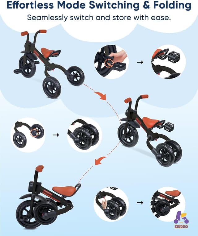 Detalle de KRIDDO 2-in-1 Kids Balance Bike and Tricycle (Detachable Pedals) for Ages 2–5, Black
