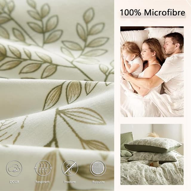 Detalle 1 de Tospass Housse de couette 220x240 cm microfibre vert olive à fleurs avec fermeture éclair et 2 taies 65x65 cm