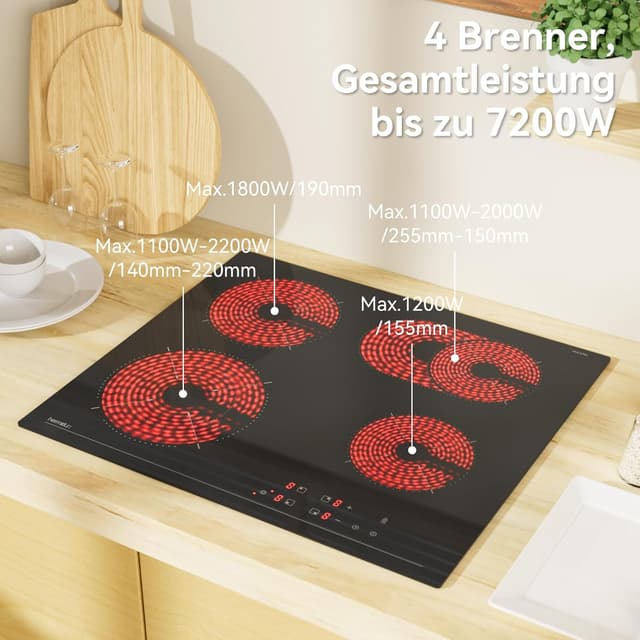 Detalle de Hermitlux Glaskeramikkochfeld mit 4 Platten, 9 Heizstufen und 7200 W