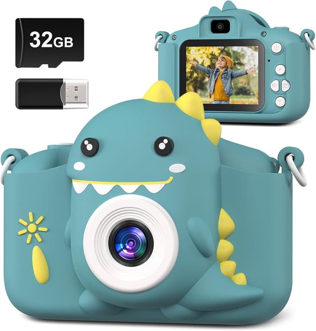 Detalle de Hangrui Kids Camera (Dark Green) – 20MP dual-lens digital camcorder with 2-inch IPS screen, 32GB card