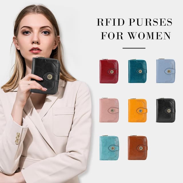 Detalle 2 de SENDEFN RFID blocking leather small wallet for women with multiple card slots & zip coin compartment