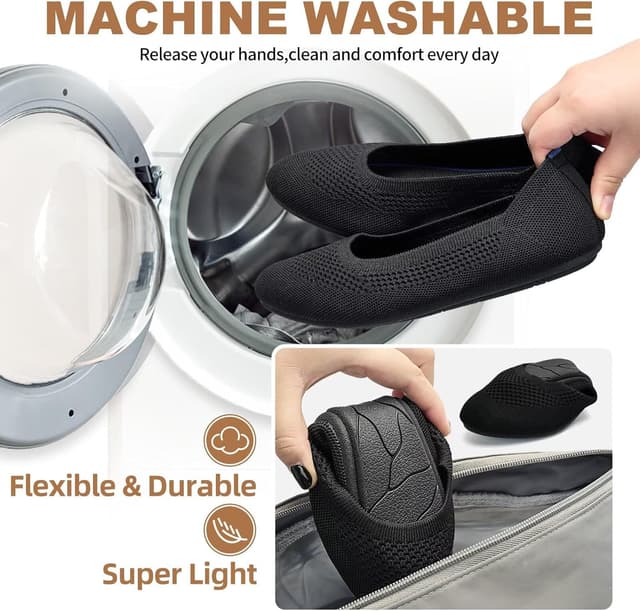 Detalle de Puxowe Damen Strick-Ballerinas mit Rundkappe und flachem Slip-On – superweich für Spaziergänge