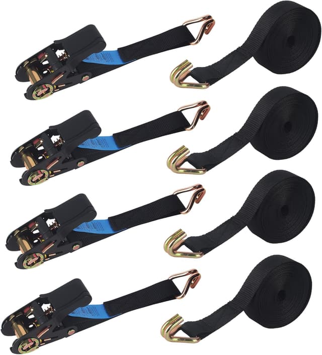 Detalle de Spanngurte mit Ratsche-Set (4 Stück) – 6 m x 25 mm, schwarz, zum Sichern von Ladungen auf Auto, Anhänger und Fahrradträgern
