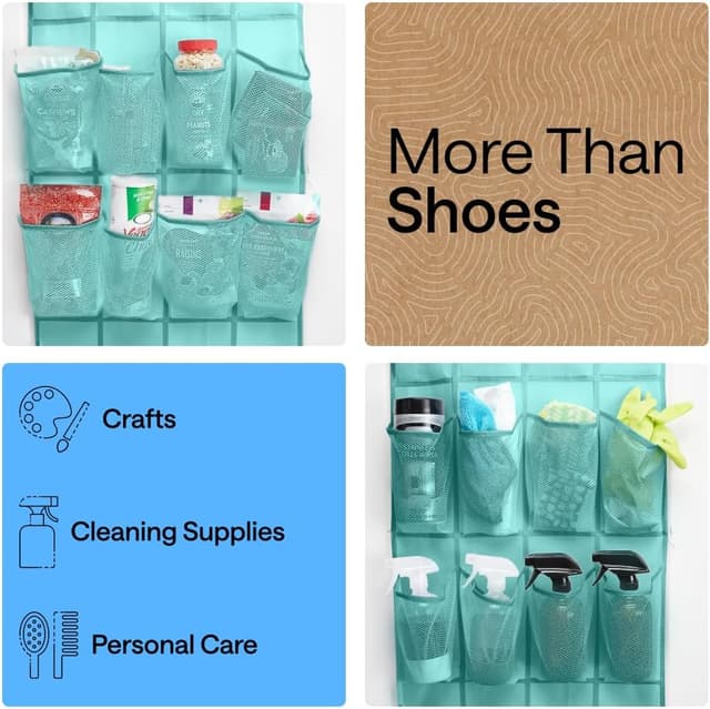 Detalle de Gorilla Grip Large Over-the-Door Shoe Organizer with Breathable Mesh (24 Pockets) — Up to 40 lb, Turquoise (1-Pack)