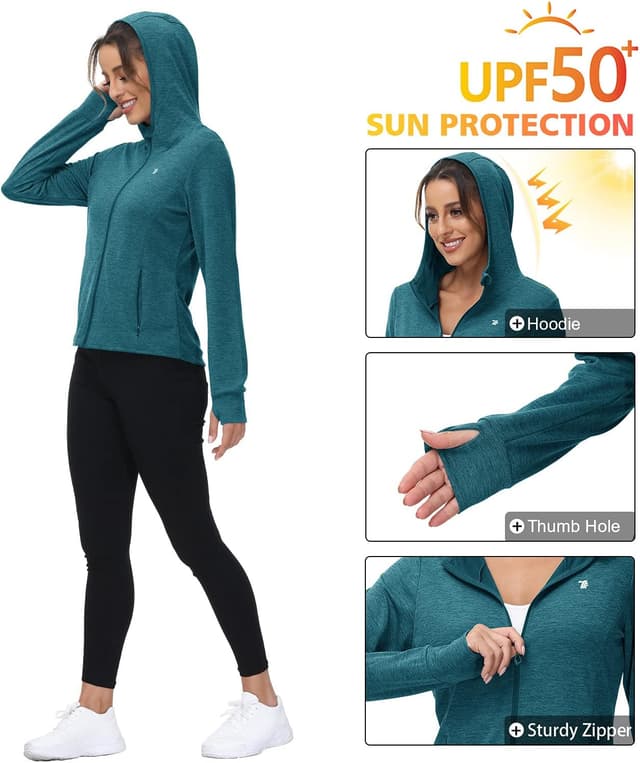 Detalle de donhobo Women’s Running Jackets with Thumb Hole, Hooded Zip Hoodie Top (UPF 50+)