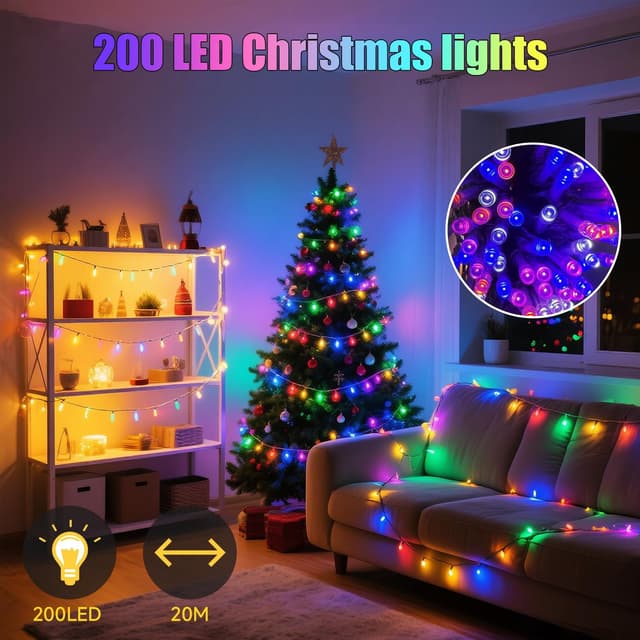 Detalle de Electight Battery Fairy Lights (USB Rechargeable) – 20m, 200 LED Twinkle String Lights with Remote, 8 Modes & Timer, IP44 Waterproof
