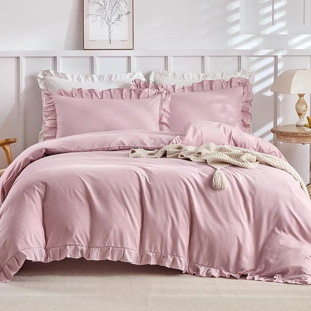 Detalle de Tokokimo Ruffle Duvet Cover Double (200x200 cm) in Pink with 2 Pillowcases